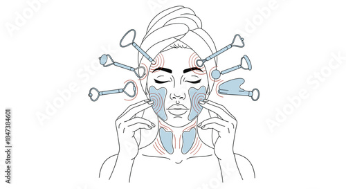Skincare and beauty concept illustration showing a woman with a towel on her head using various gua sha tools and face rollers for massage.