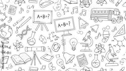 Educational Doodle Pattern with School Supplies and Scientific Icons.
