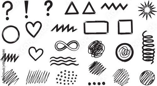 Hand drawn doodle elements set with various shapes and lines.
