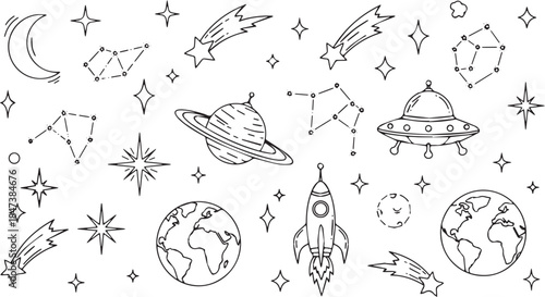 Hand Drawn Space Elements Collection Featuring Planets Rockets and UFOs.