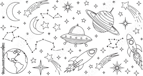 Hand drawn space elements collection with planets rockets and stars.