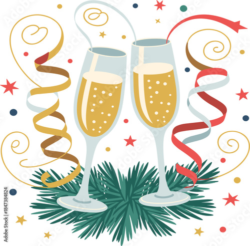 New Year's champagne toast, two sparkling flutes with streamers, stars, and pine needles illustration