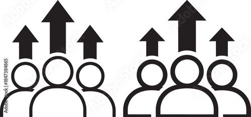 Group of people icons with upward arrows symbolizing growth, success, and teamwork
