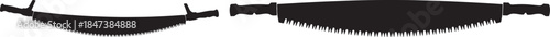 Two silhouettes of crosscut saws, logging tools for felling trees, isolated on white background