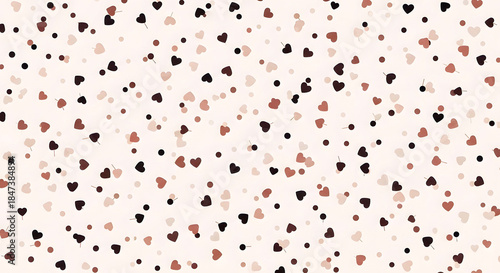 Cute seamless pattern with scattered small hearts and dots in shades of brown and pink on a light background