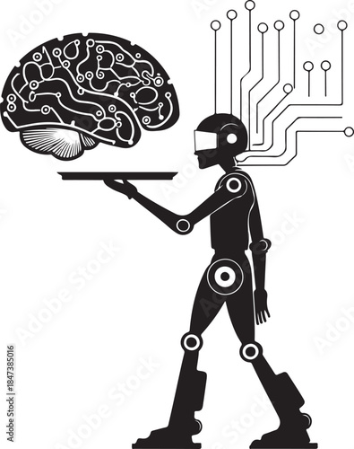 Robot holding a tray with a brain and connected to circuits android artificial intelligence