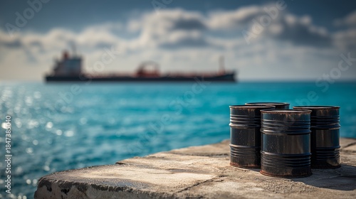 Oil barrels on a dock with a cargo ship in the background on a sunny day