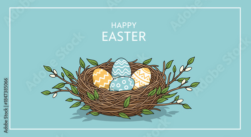 Happy Easter greeting card with beautifully decorated Easter eggs in a bird's nest with pussy willow branches on a pastel blue background.