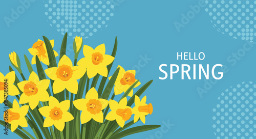 Hello Spring banner with a vibrant bouquet of yellow daffodil flowers and abstract dotted patterns on a bright blue background for the season.