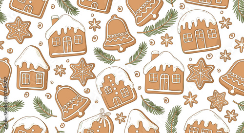 Seamless Christmas pattern with iced gingerbread cookies in the shape of houses, stars, and bells, mixed with pine branches and snowflakes.