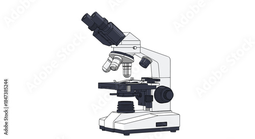 Detailed professional laboratory microscope for scientific research, medical analysis, or educational purposes, isolated on a white background.