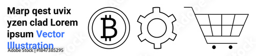 Bitcoin coin symbol, a gear for settings or technology, and a shopping cart icon for e-commerce ideas. Ideal for cryptocurrency, fintech, e-commerce strategy, tech development, business, online