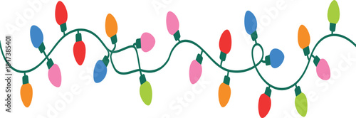 Single strand of colorful Christmas string lights, with red, pink, blue, and green bulbs