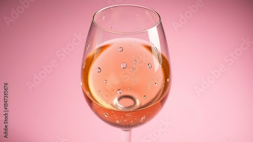 brut. Sparkling rosé wine glass with condensation droplets, set against a soft pastel pink background. bar promotions, beverage menus, designed for product packaging and bar promotions.