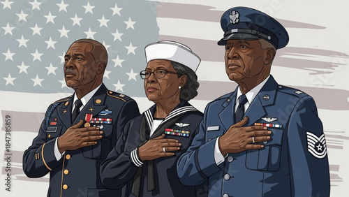 Three military personnel in uniform standing with hands on heart before american flag