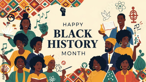 Diverse group of people celebrating black history month with cultural symbols and icons around them in a colorful illustration