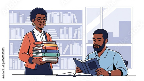 Two people in a library setting with books, woman holding stack of colorful books, man reading