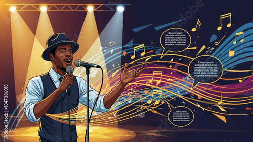 Man in black vest and hat passionately singing into microphone on stage with colorful musical notes and spotlights