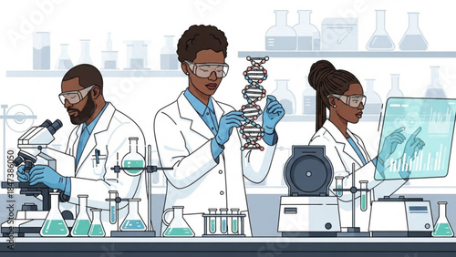 Three diverse scientists working together in a lab with various equipment and a dna model