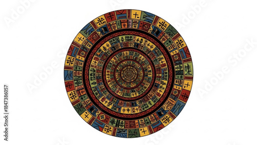 Vibrant aztec calendar wheel with colorful concentric circles and symbolic glyphs on white background