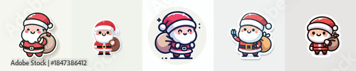 Santa Claus sticker carrying a small gift sack on his shoulder. Vector, minimalist, illustration, icon set.