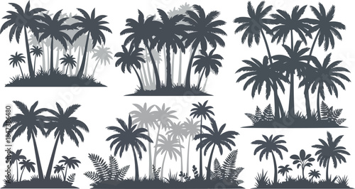 Six sets of layered silhouette illustrations featuring palm trees and tropical foliage