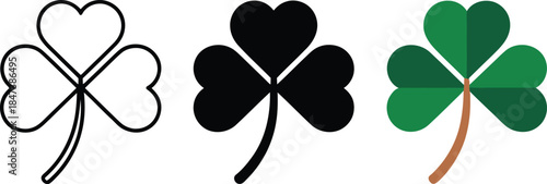 Three Clover Leaf Icons Outline Silhouette Color shamrock