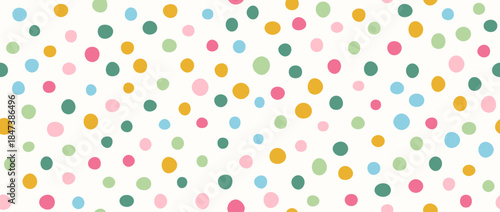 Bright birthday polka dot seamless pattern. Colorful repeated round confetti background. Cute dotted wallpaper for Easter wrapping paper, birthday decoration design, kid bday nursery decor. Vector