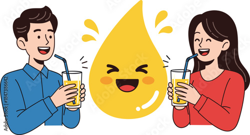 Smiling Cartoon Man and Woman Drinking Orange Juice Next to a Happy, Laughing Juice Drop Character, Illustrating Refreshment, Healthy Drinks, and Fun Vector Graphic