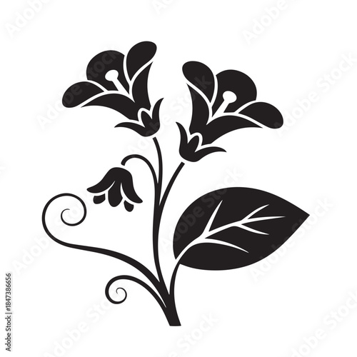 Beautiful Sweet Pea Flower Illustration in Black and White Silhouette.