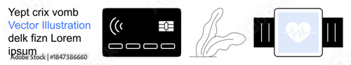 Financial transactions, health monitoring, wearable technology, fitness tracking, eco-friendly design, contactless payments. Contactless card, leaf graphic smartwatch with heart. Financial