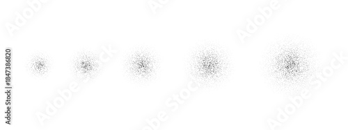 Round grain brush stroke set. Radial stippled noise gradient collection. Dotted splatter overlay spots. Grunge sprinkle dotted spray texture. Dirty dust sand elements. Vector gritty splashed stains