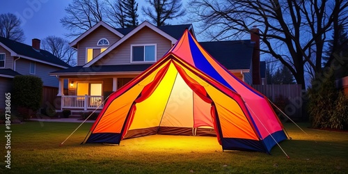 A vibrant tent is pitched in a backyard, set against a backdrop of a suburban home ,  simple,  leisure