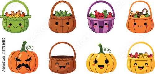 Set of Cute Cartoon Halloween Candy Baskets and Pumpkin Buckets Filled with Sweets, Illustrating Trick-or-Treating, Holiday Fun, and Celebration Vector Graphic