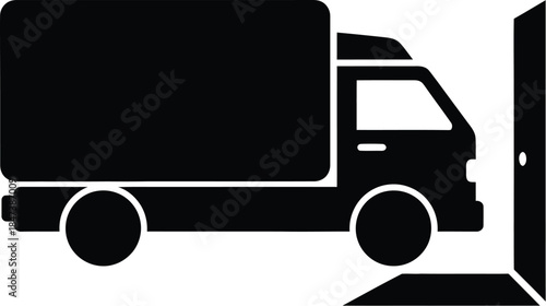 Silhouette of a delivery truck arriving at an open doorway, symbolizing logistics