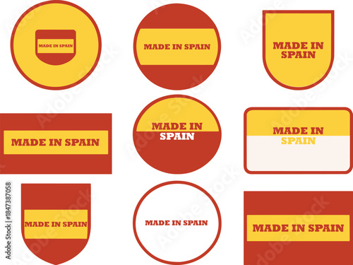 Made in Spain vector labels set with circle rectangle and shield icons red yellow design