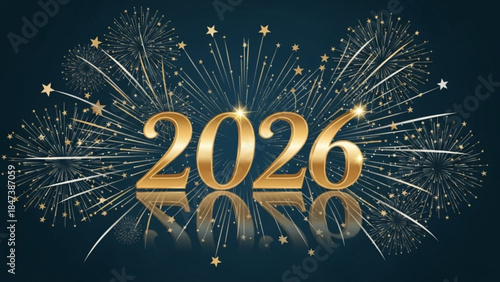 Shining gold 2026 text with sparkling fireworks and stars on dark blue background for new year celebration