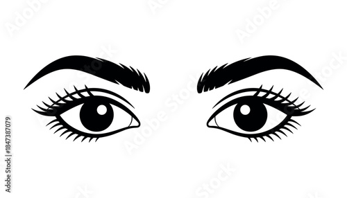 Black and white of two open eyes with long eyelashes and arched eyebrows