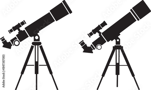 Two black telescope silhouettes on tripods for astronomy observation and stargazing