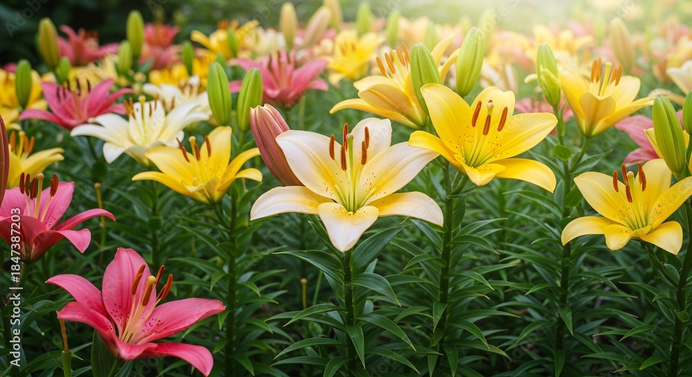 Fototapeta premium 陽光が降り注ぐ美しいユリの群生 鮮やかなピンクや黄色白の花が元気に咲き誇る夏の庭園風景. AI Generated
