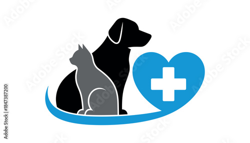 Black dog and grey cat silhouettes sitting next to a blue heart with a white cross symbol dog silhouette