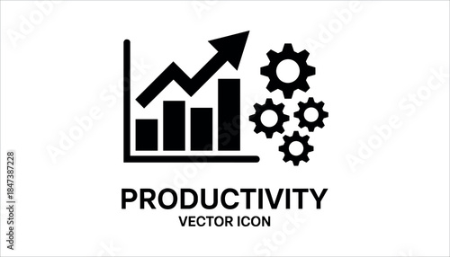 Black of a bar graph with upward trending arrow and four interlocking gears on white background