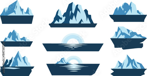 Nine illustrations of blue and white icebergs and ocean sunrises
