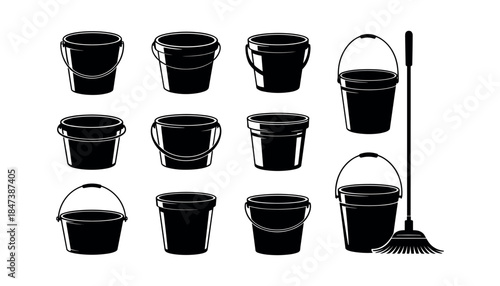 Collection of black silhouette buckets and a mop on a white background cleaning