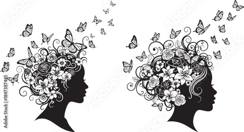 Silhouettes of two womens heads with hair made of flowers and butterflies flying away