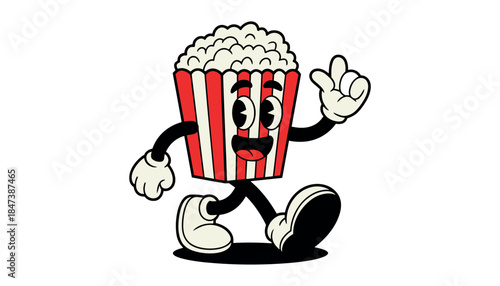 Cartoon popcorn character with red and white stripes walking and gesturing with a happy expression snack