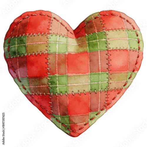 A handmade heart, rendered in a charming watercolor style, exudes warmth and affection through its patchwork design, capturing a sense of cozy comfort.