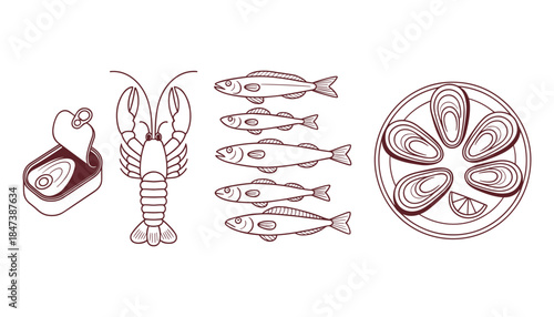 Dark red line seafood collection including lobster canned fish and oysters on white background