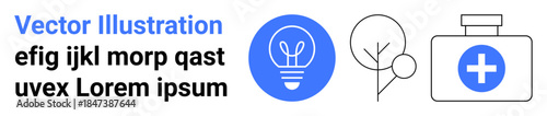 Innovation, sustainability, healthcare, creativity, wellness, nature. A light bulb icon, a tree graphic and a medical kit symbol. Innovation and sustainability concepts for creative and healthcare
