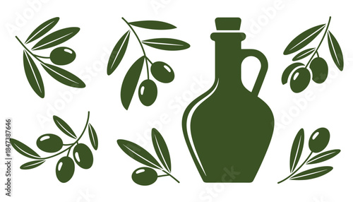 Dark green olive branches with olives and a bottle silhouette on white background fruit tree olive tree